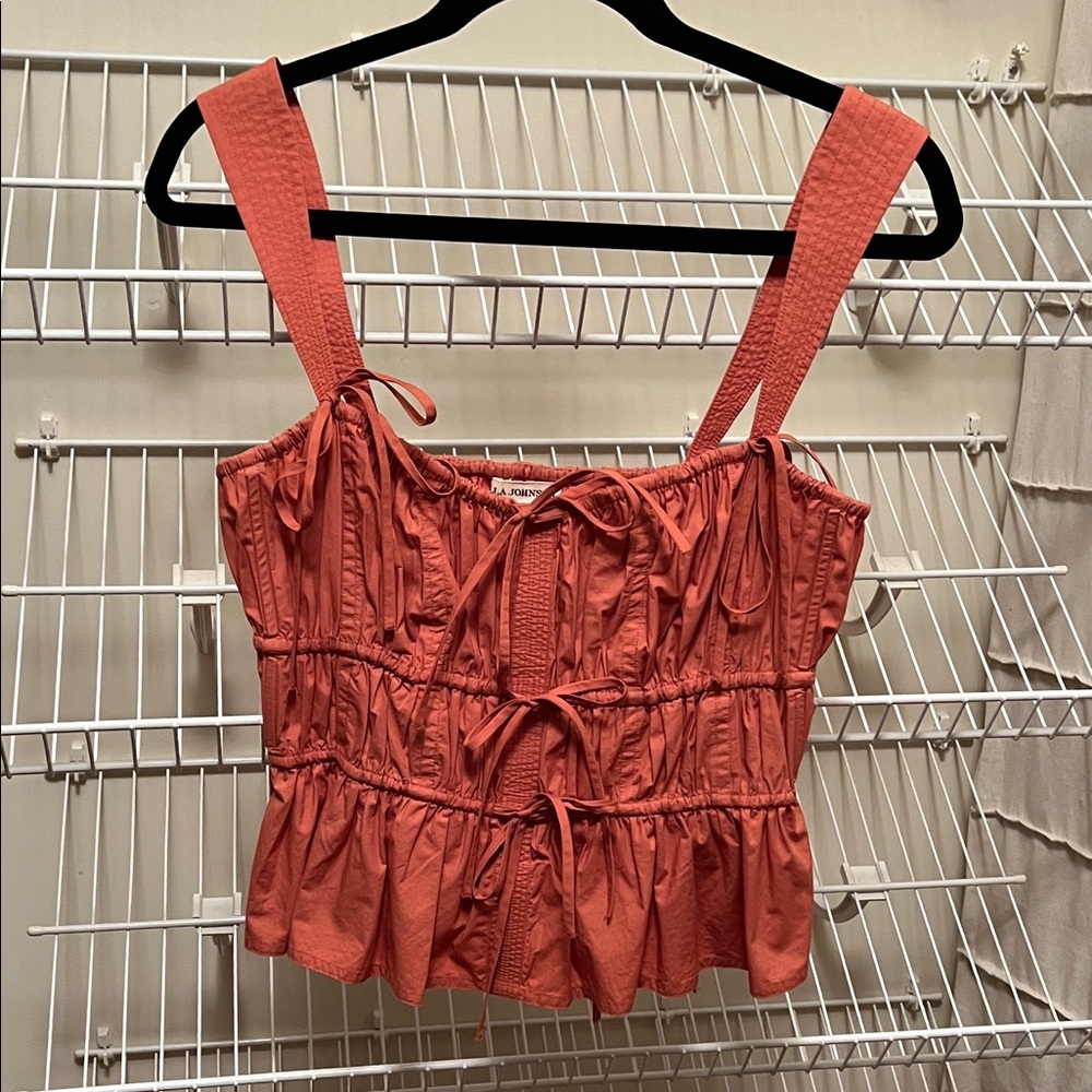 Ulla Johnson Coral Red Ruched Tie-Front Crop Top